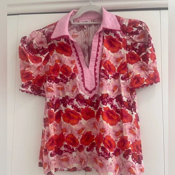 ENTRO Floral Puff Sleeve Blouse / Pink and Red/ Size M - Picture 3 of 8